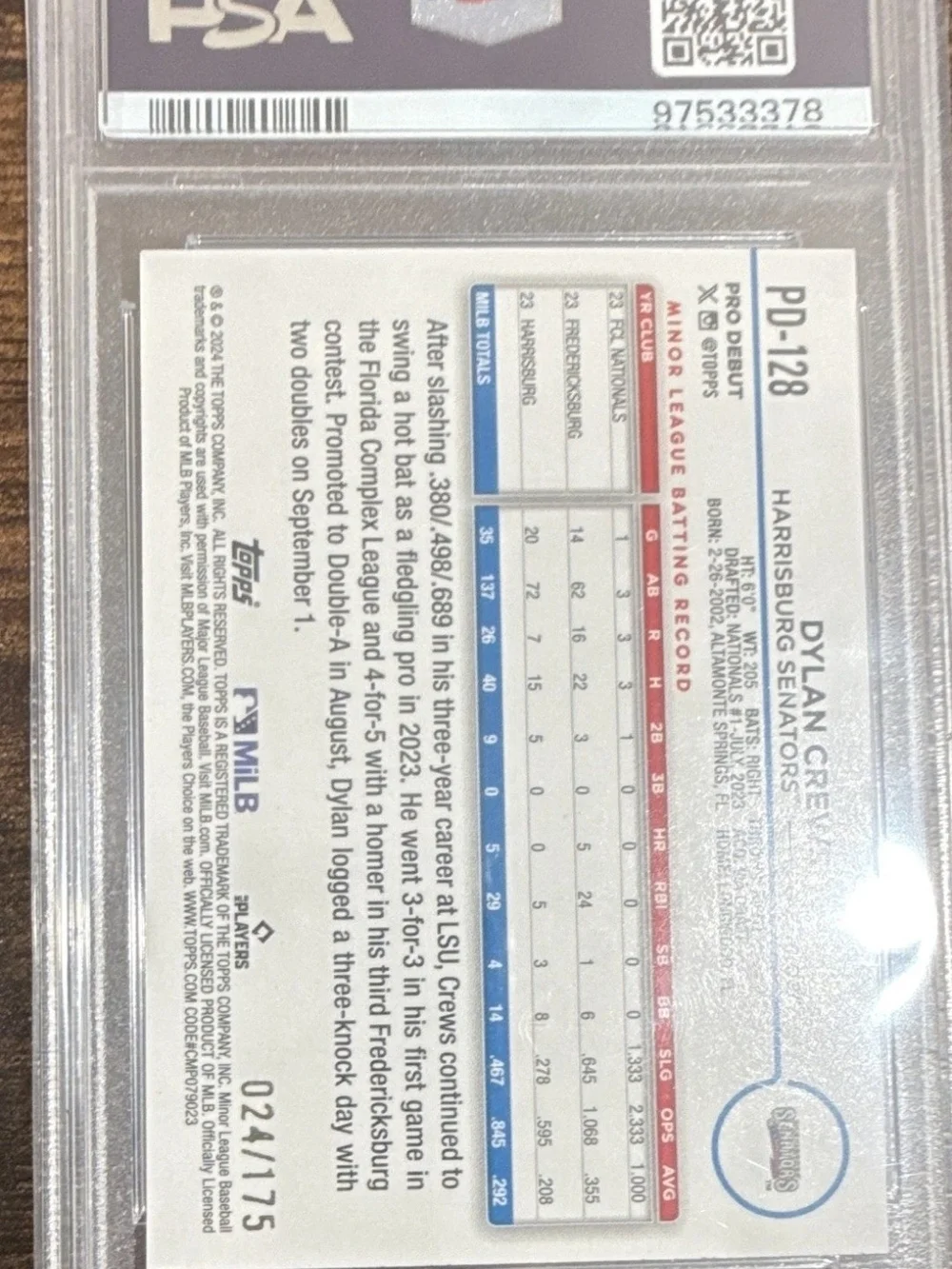 2024 Topps Pro Debut Dylan Crews Sparkle Foil /175 PSA 9 MINT